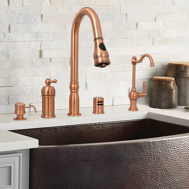 Copper Kitchen Faucet with in-Deck Handle, Single Level Handle and Pull Down Sprayer