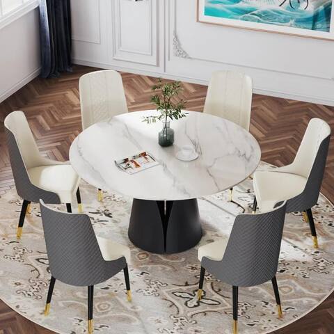 51''/59'' Modern Round Dining Table, Sintered Stone Tabletop Dining Room Table for 6-8