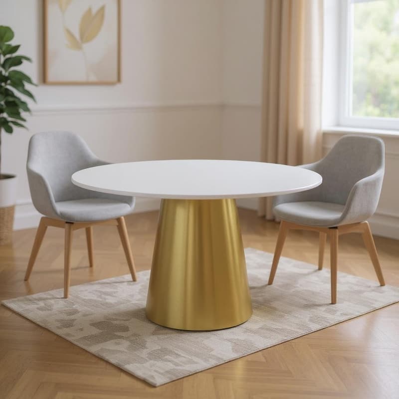 HomeRoots 54" Gray White and Gold Marble and Metal Pedestal Base Round Top Dining Table - 54.00 in. x 30.00 in. x 54.00 in. - White/Gray - 54.00 in. x 30.00 in. x 54.00 in.
