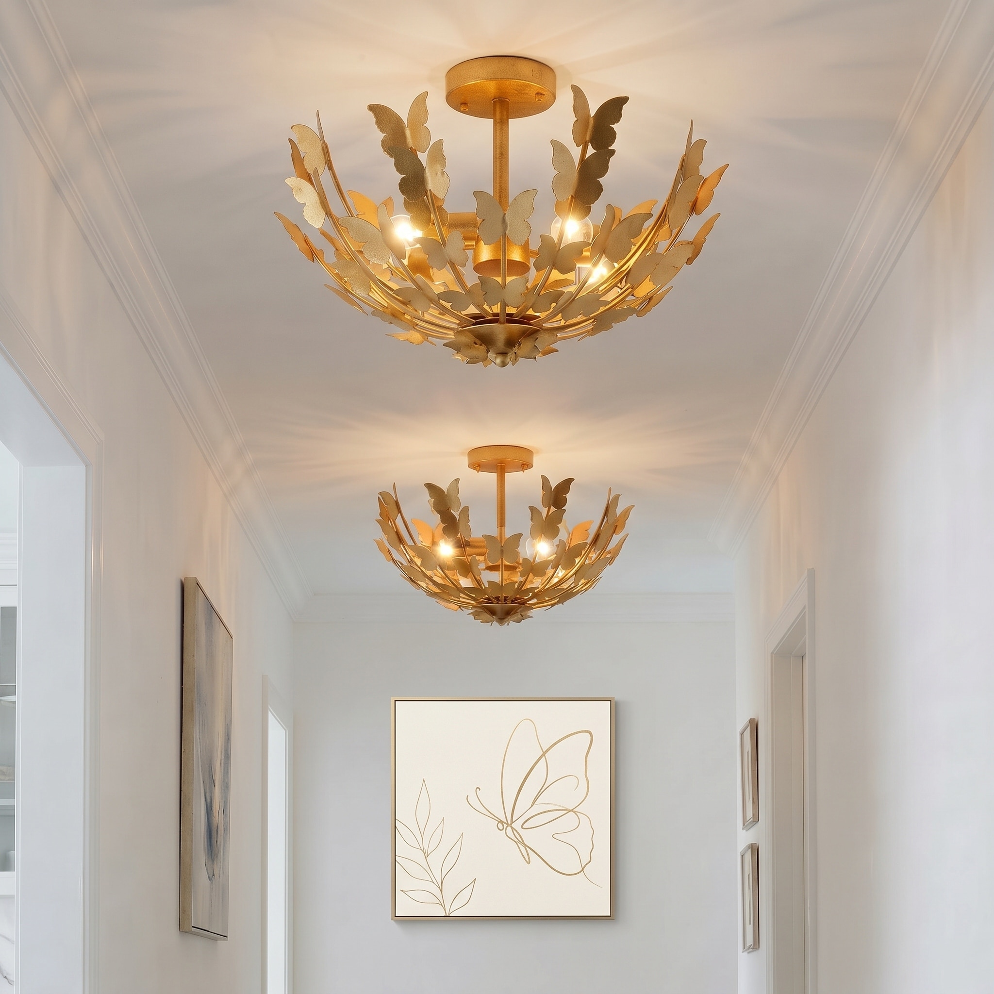 18" Antique Brass Butterfly Bowl Dimmable 4-Light Semi Flush Mount Ceiling Light - 18" W x 10.4" H