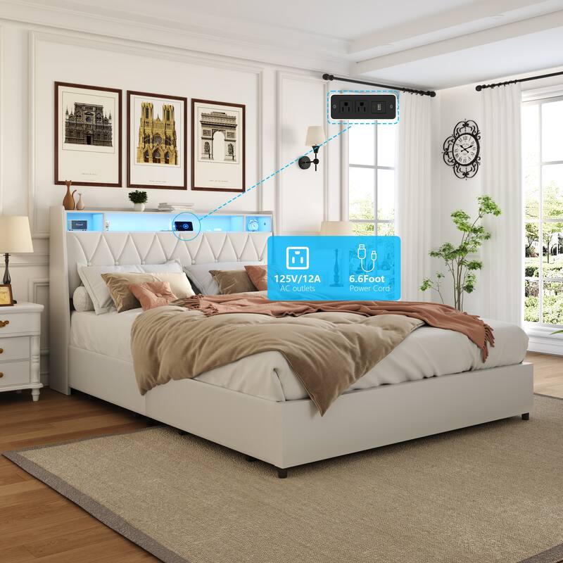 Queen Bed Frame with Ergonomic Headboard, Platform Bed Frame with Outlets & Charger & LED Light, with Storage Shelf
