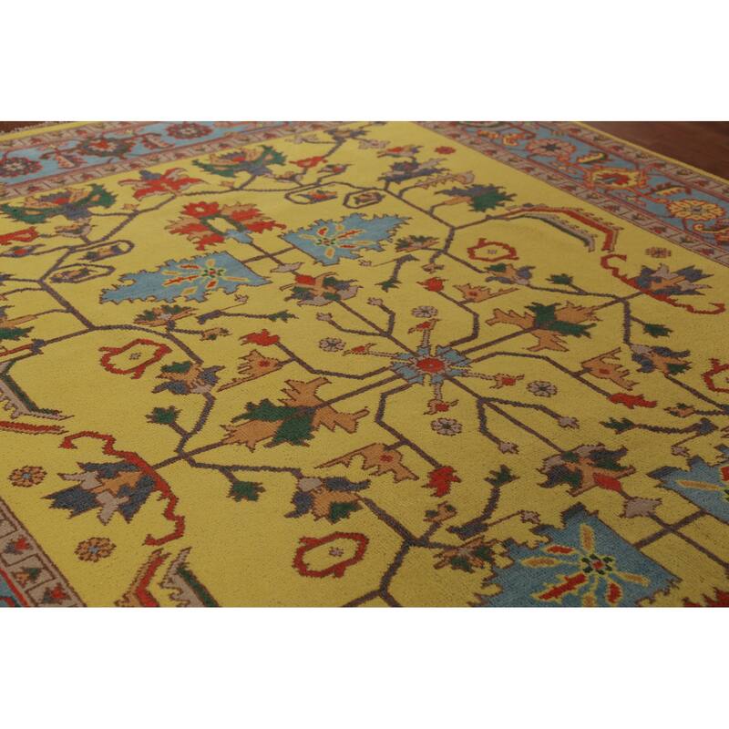 Yellow Oushak Indian Area Rug Hand-Knotted Wool Carpet - 8'10"x 11'10"