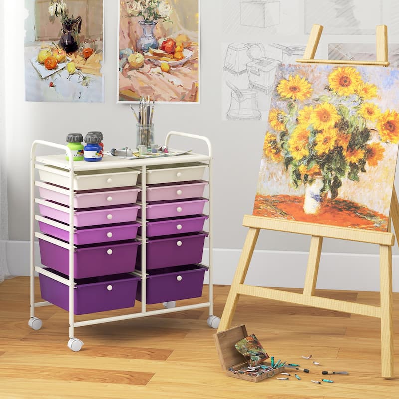 Gymax 12-Drawer Organizer Cart Rolling Storage Cart w/ 2 Sizes Plastic