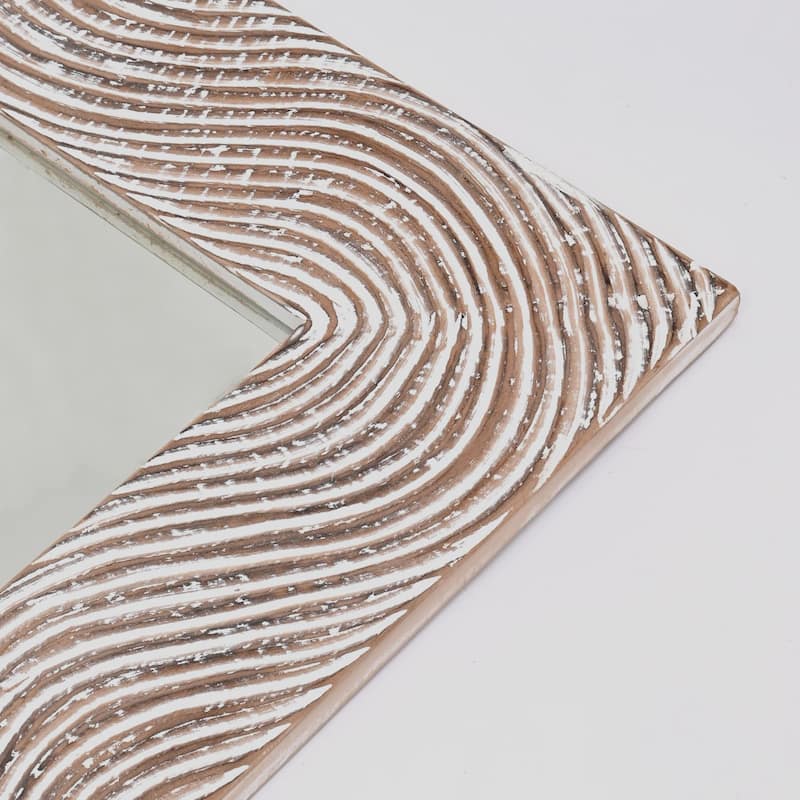 Rustic White Solid Wood Handcarved Wave Design Rectangle Mirror Accent-36" x 72"