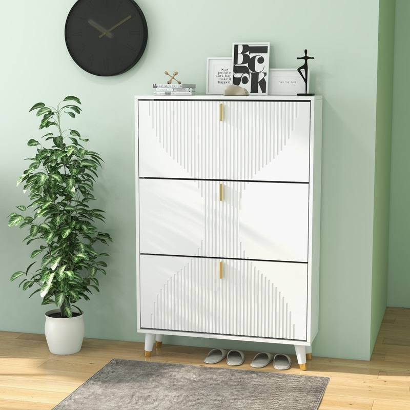 Entrance Shoe Cabinet, White Shoe Rack, Three Flip Drawers Living Room Vertical Shoe Storage