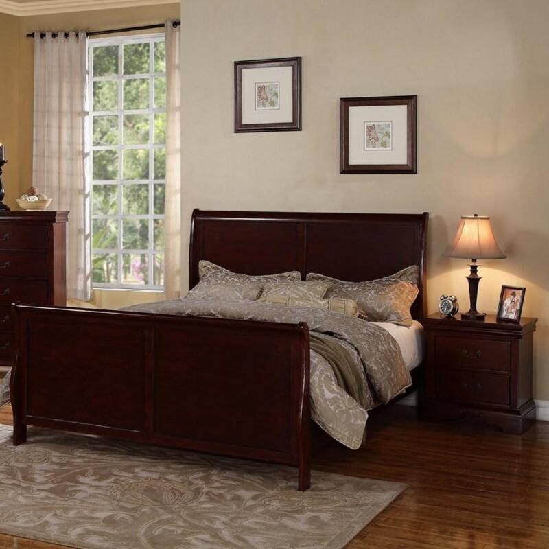 Queen Size Sleigh Design Bedframe in Dark Cherry, Contemporary Style