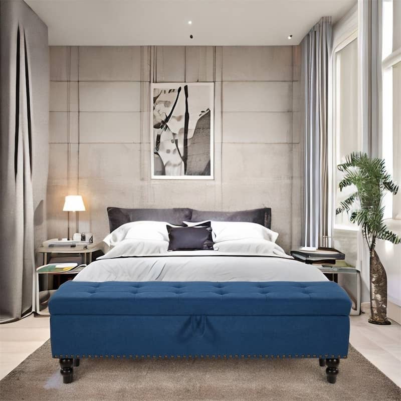 59" Bed Bench Ottoman with Storage Fabric - Blue