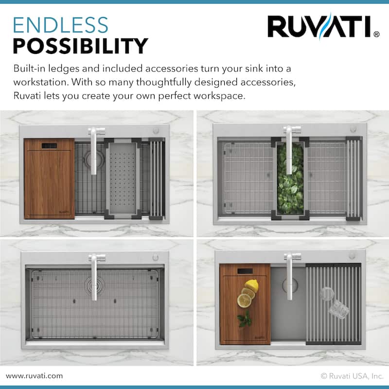 Ruvati 33 x 22 inch Workstation Ledge Drop-in Topmount Kitchen Sink 16 Gauge Stainless Steel Single Bowl - RVH8003 - 33" x 22"