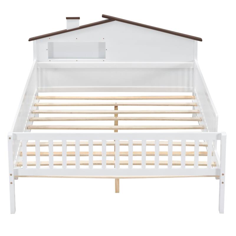 House-Shaped Full Wood Platform Bed with LED Light, Built-in Storage, Guardrails, and Sturdy Frame, No Box Spring Required