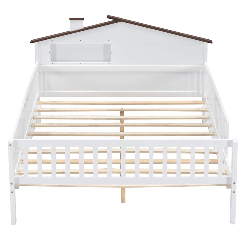 Wood Platform Bed with House-shaped Headboard, LED and Built-in Storage
