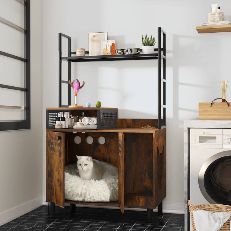 Moasis Wooden Cat Litter Box Enclosure Furniture with Shelves - Brown
