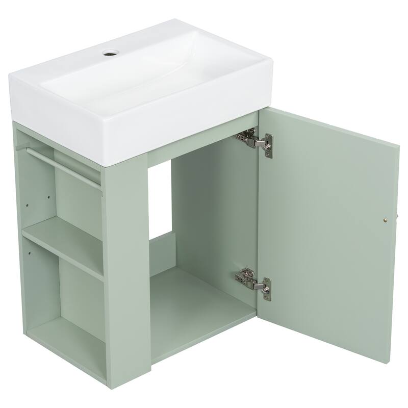 Wall-mounted Small Bathroom Vanity with Ceramic Sink, Floating Ceramic Sink Cabinet with Side Storage Shelves, 20 Inch