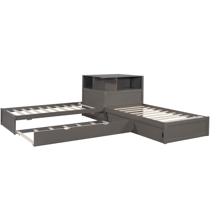 Roomfitters Twin L-Shaped Platform Bed with Trundle, Storage Cabinets and LED Desk