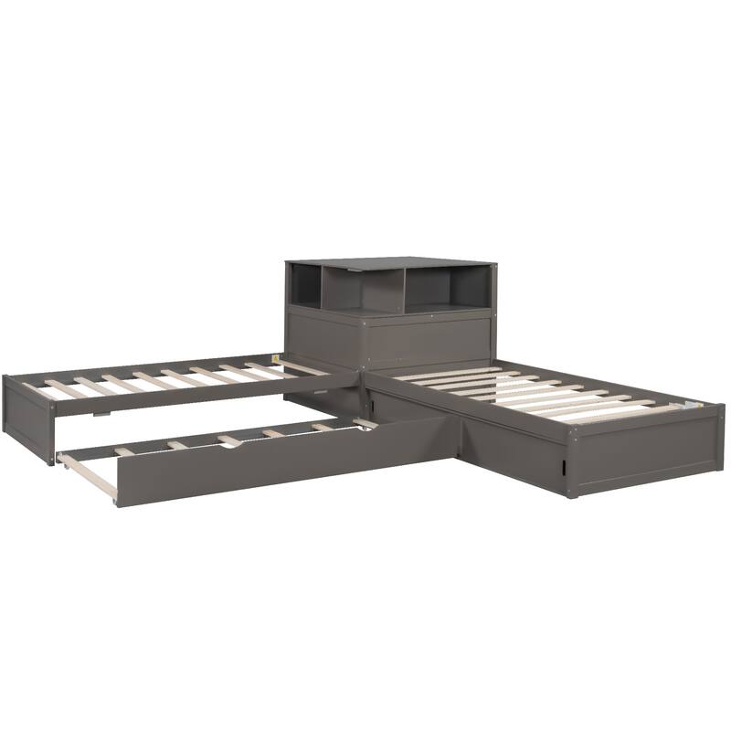 Twin Size L-shaped Bed Frame with Trundle Bed and Storage Cabinets, Desk, Lighting, Corner Platform Storage Bed Frame