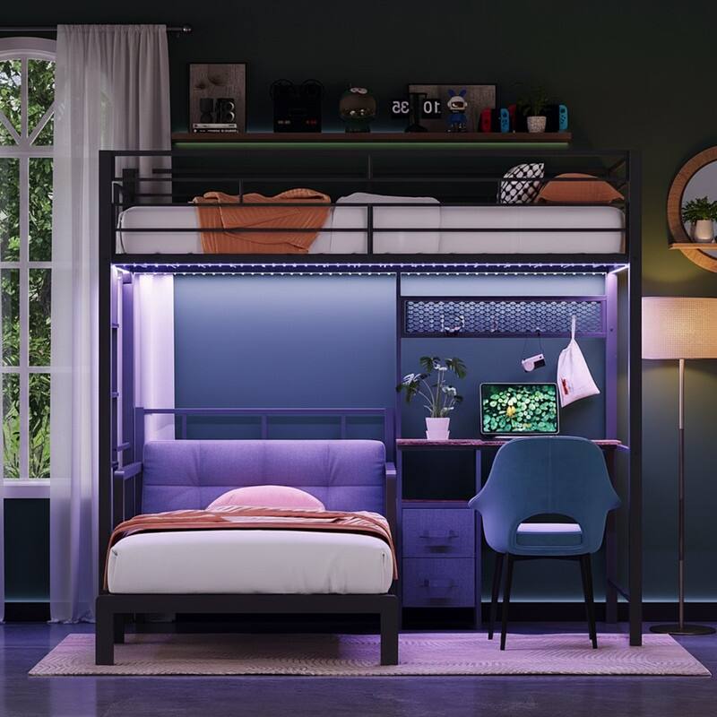 Twin Size Metal Bunk bed with Desk,Drawers,LED Strip,USB Charging Station, Guardrails and Ladder