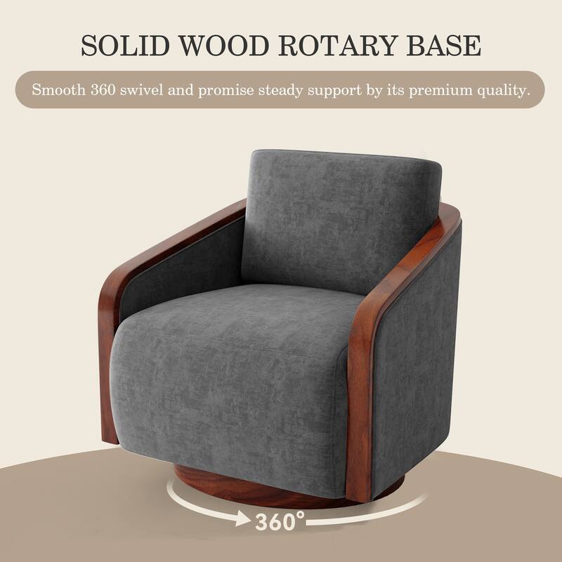 Upholstered Swivel Barrel Chair with Curved Wood Arms
