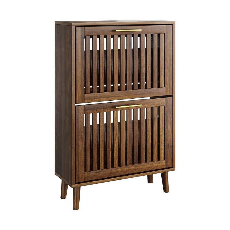 23.62"W Walnut Grille Striped Shoe Cabinet, 12 Pair Shoe Storage Cabinet W/2 Flip-Top Drawer - N/A