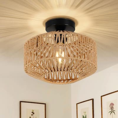 Boho Mini Chandelier Light Fixture - Hand-Woven Rattan, Dimmable LED Bulb Included