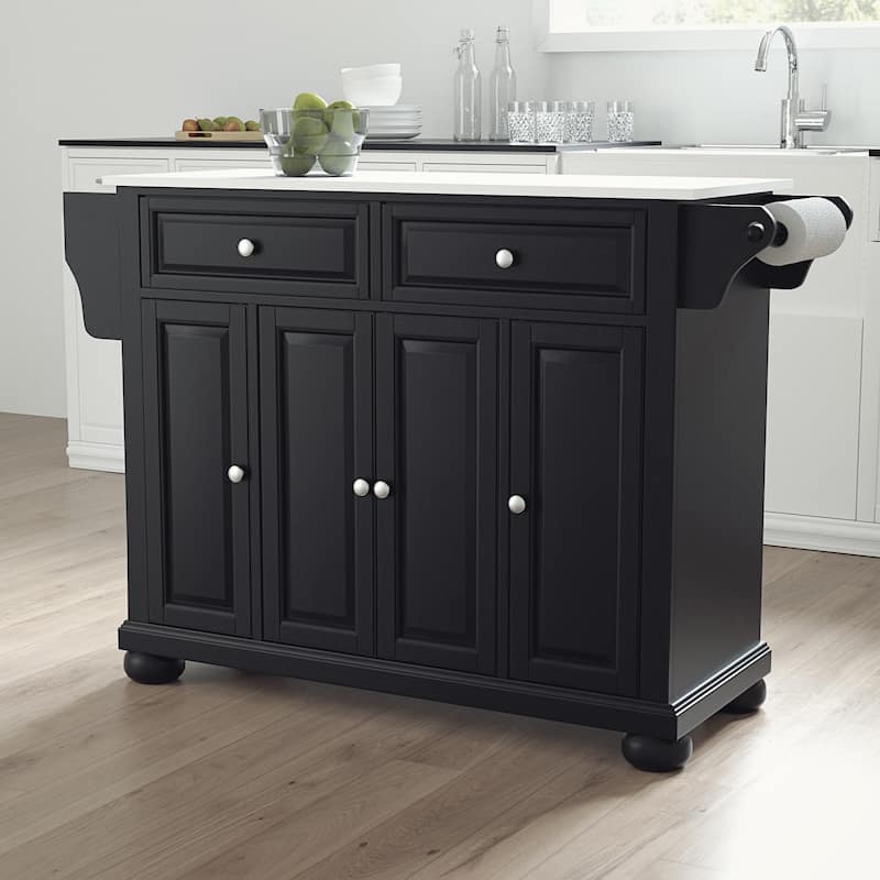 Kitchen Island with Storage & Granite Top - Portable Kitchen Cart, Modern Design, Black/White