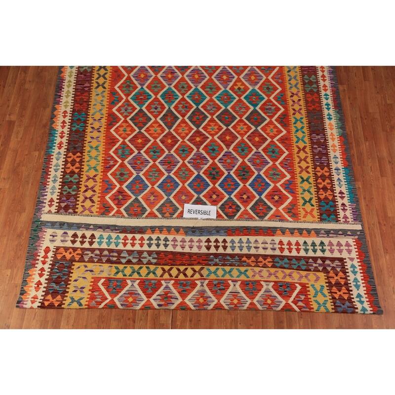 Geometric Trellis Kilim Oriental Area Rug Hand-Woven Wool Carpet - 8'4"x 11'3"