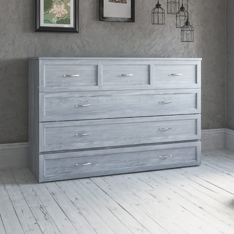 Deerfield Queen Murphy Bed Chest with 6" Mattress, Storage Drawer & Built-In Charger in Driftwood