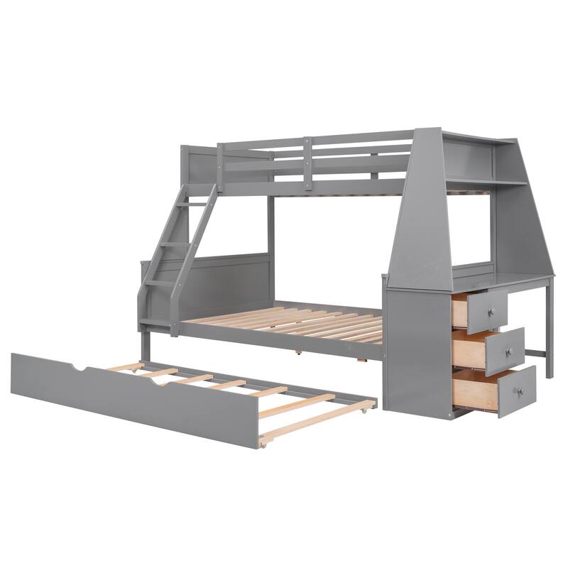 Twin over Full Bunk Bed with Trundle, Built-in Desk, Drawers, and Shelf, Gray