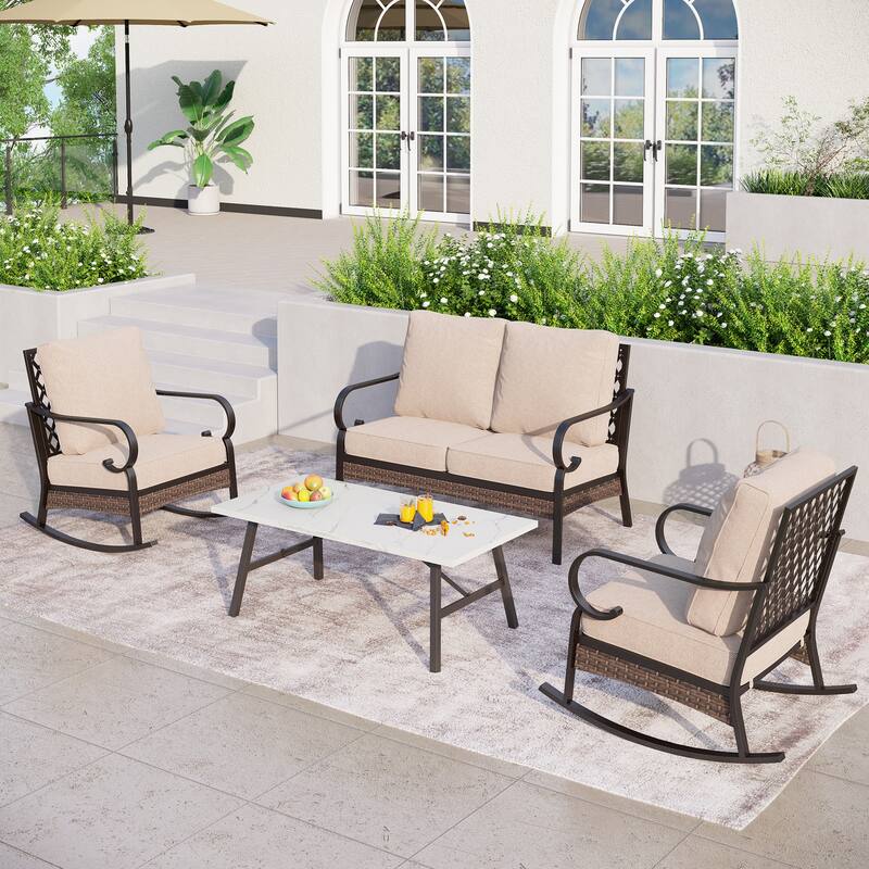 MAISON ARTS 4-Seat Patio Conversation Sets with 2 Rocking Sofa Chairs, 1 Loveseat Sofa and 1 Coffee Table - Beige