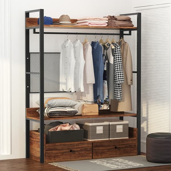 Free-Standing Closet Organizer Rack with Hanging Rod and Drawers ...