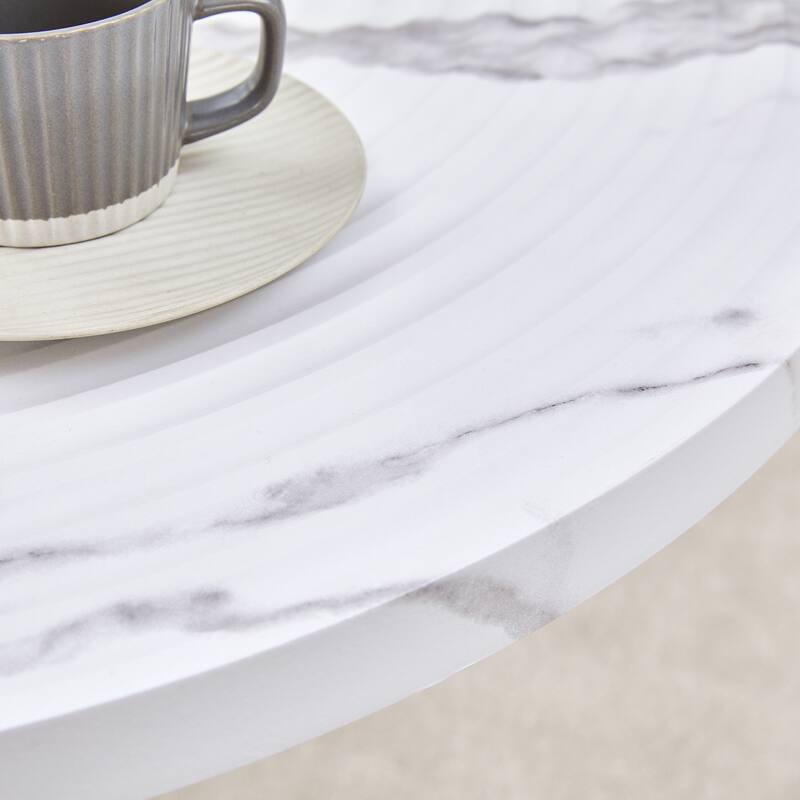 31.5 Inch Elegant White Marble Pattern Round Dining Table - Suction Molding Annular Texture, Durable and Water-Resistant