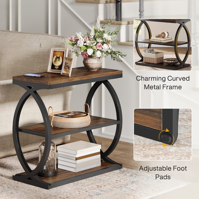 Narrow End Table with 3 Storage Shelves, Small Side Table for Living Room, Small Spaces, Rustic Brown