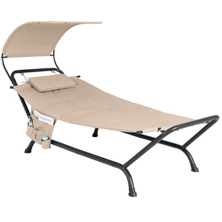 Metal Canopy Hammock Chaise Lounge Chair with Pillow and Stand - 95.5" x 40.5" x 53" - Beige