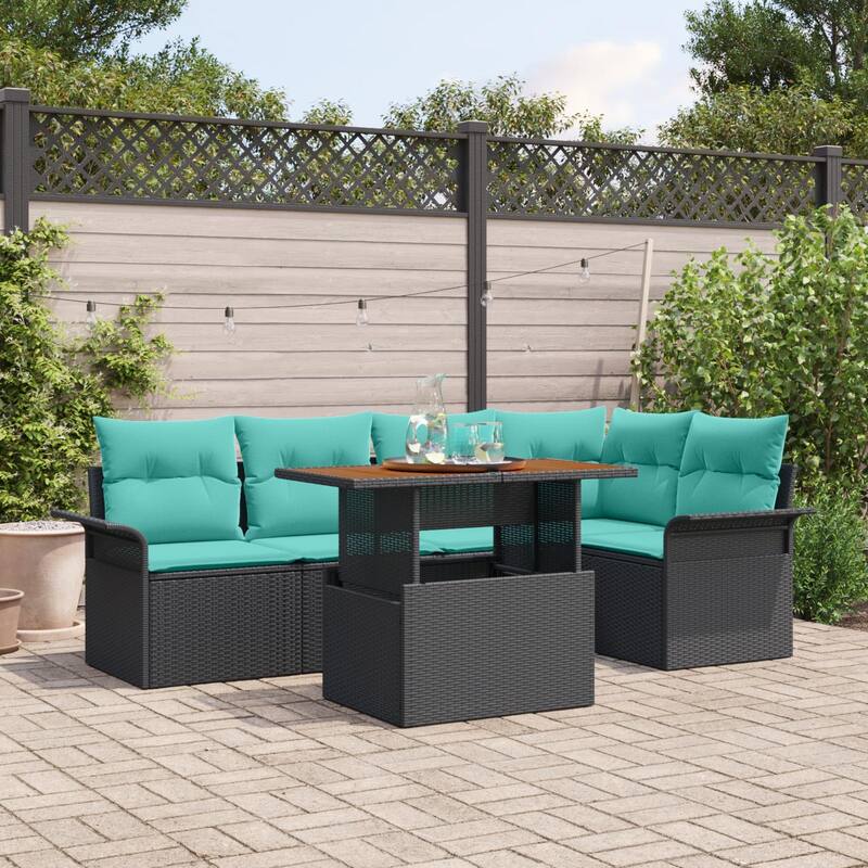 vidaXL 6 Piece Garden Sofa Set with Cushions Black Poly Rattan - 95.55×52.2×27.2