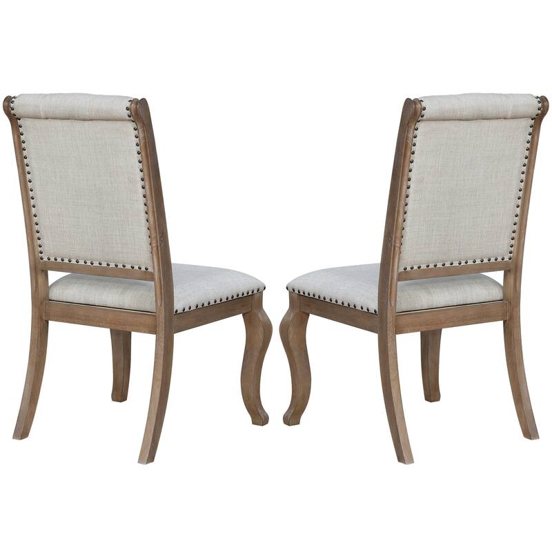 Rolled Back Design Button Tufted Cream Upholstered Dining Chairs with Nailhead Trim (Set of 2)