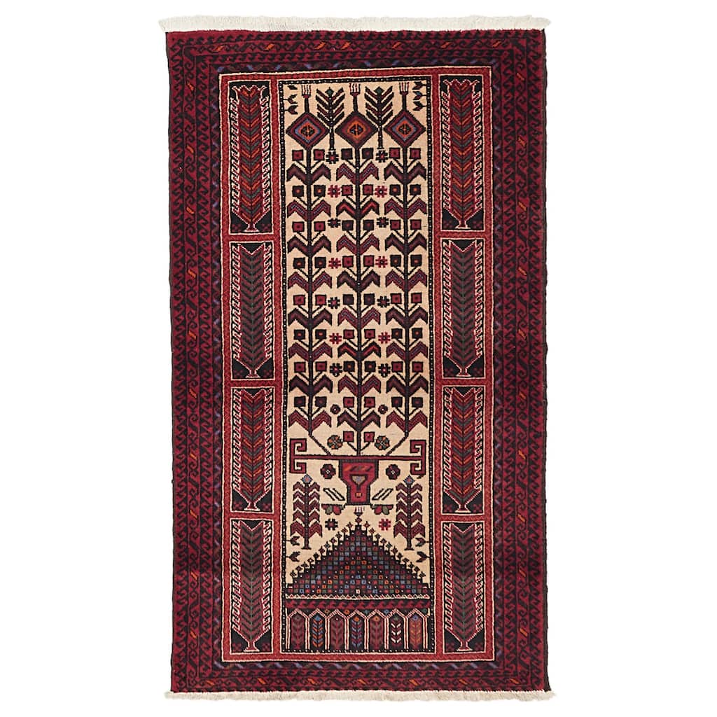 ECARPETGALLERY Hand-knotted Baluch Ivory, Red Wool Rug - 3'5 x 6'1