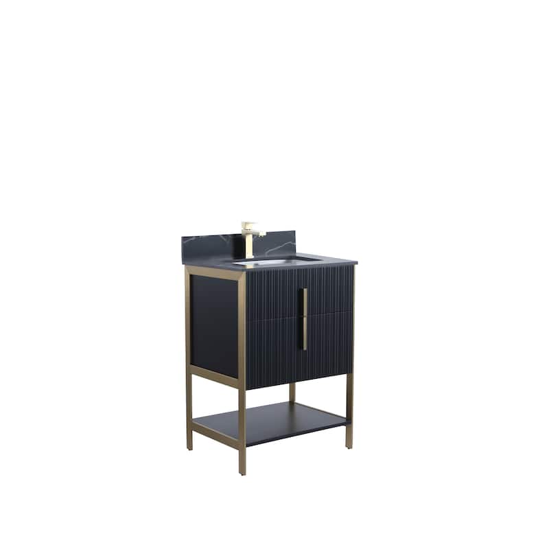 Fine Fixtures Serenity Modern Bathroom Vanity with Black Sintered Stone Top - Black Matte - Brass Hardware - 24 inch