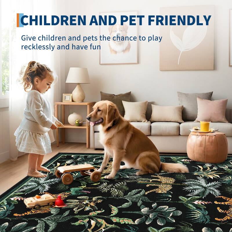 Living Room Rug Jungle Tiger Area Rug Plant Rugs Low Pile Non Shedding Soft Accent Carpet for Bedroom, Dining Room