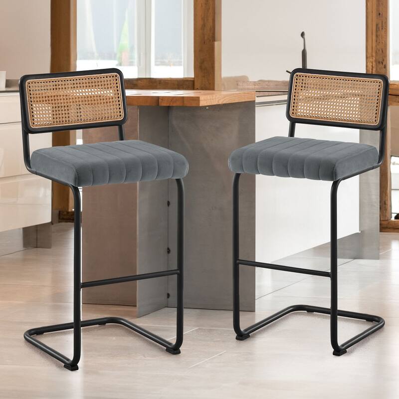 Velvet Upholstered Rattan Counter/Bar Stools, Set of 2/3