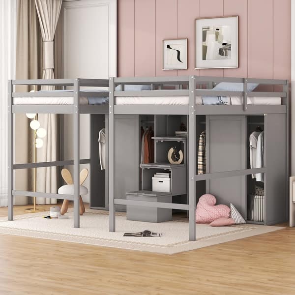 slide 2 of 22, Modern Double Twin Loft Beds Kids Bed with 4 Drawers Wardrobes and Staircase,Playhouse Inspired