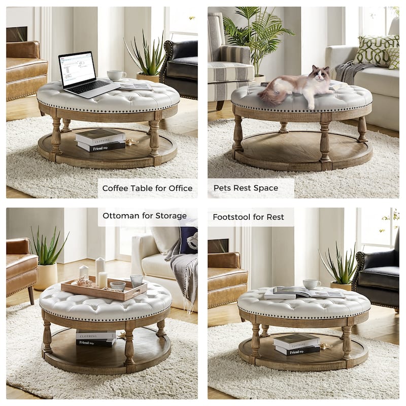 Dulcie Traditional Cocktail Vegan Leather Ottoman with Solid Wood Legs by HULALA HOME