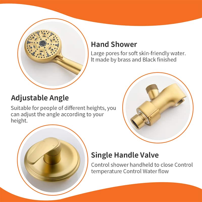 Wall Mount Shower Faucet with Hand Shower Brass 10-Setting Spray Complete Wall Mounted Shower System with Valve