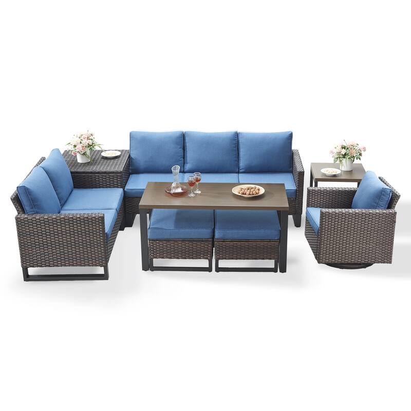 Gymojoy 6-8 Person All-Weather Wicker Outdoor Conversation Set Seating Group With Swivel Chairs And Ottomans
