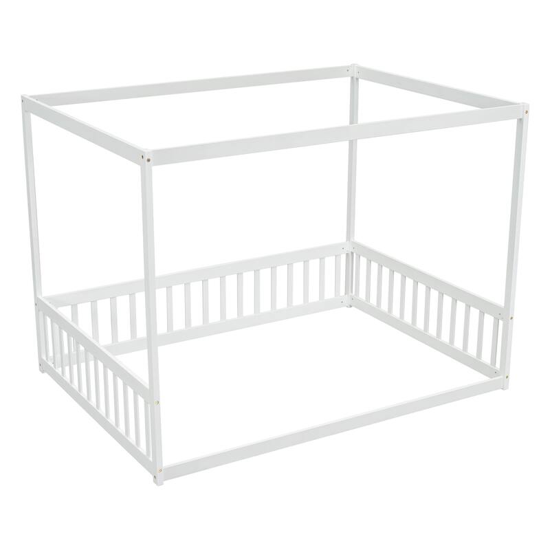 Canopy Frame Floor Bed with Fence, Guardrails