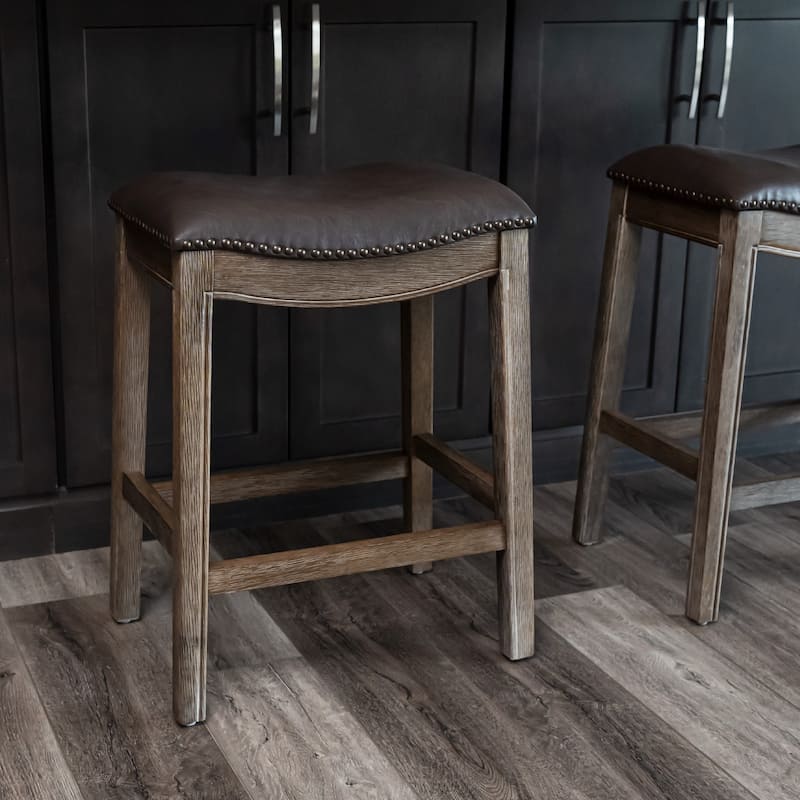Maven Lane 26" Adrien Saddle Kitchen Counter Height Stool - Walnut Vegan Leather