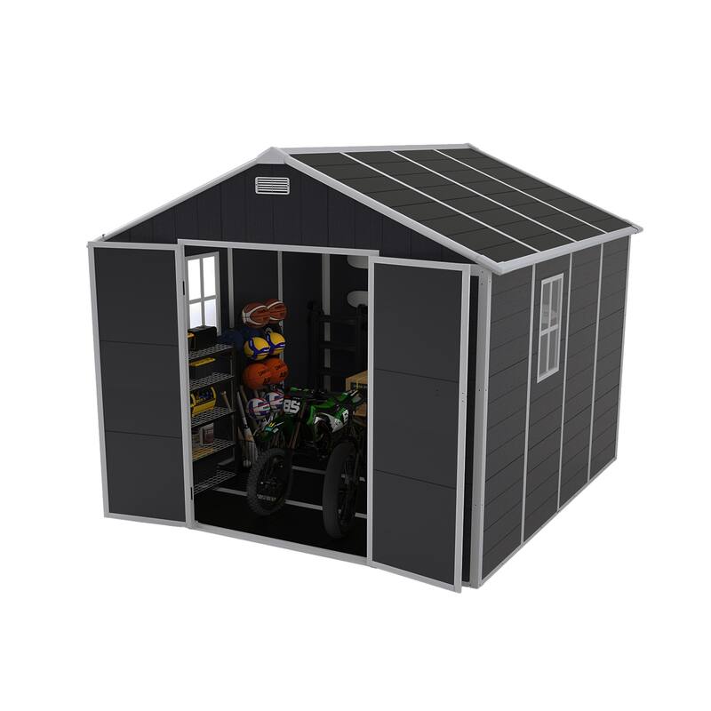 8*8ft Resin Storage Shed, High Quality PP Material, Waterproof, Rust And UV Proof, Large Storage Space, 12mm Thick PP Board