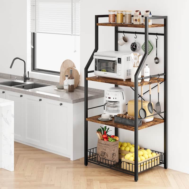 Rustic Kitchen Bakers Rack Microwave Oven Stand with Large Wire Basket - 15.7"D x 23.6"W x 50.7"H