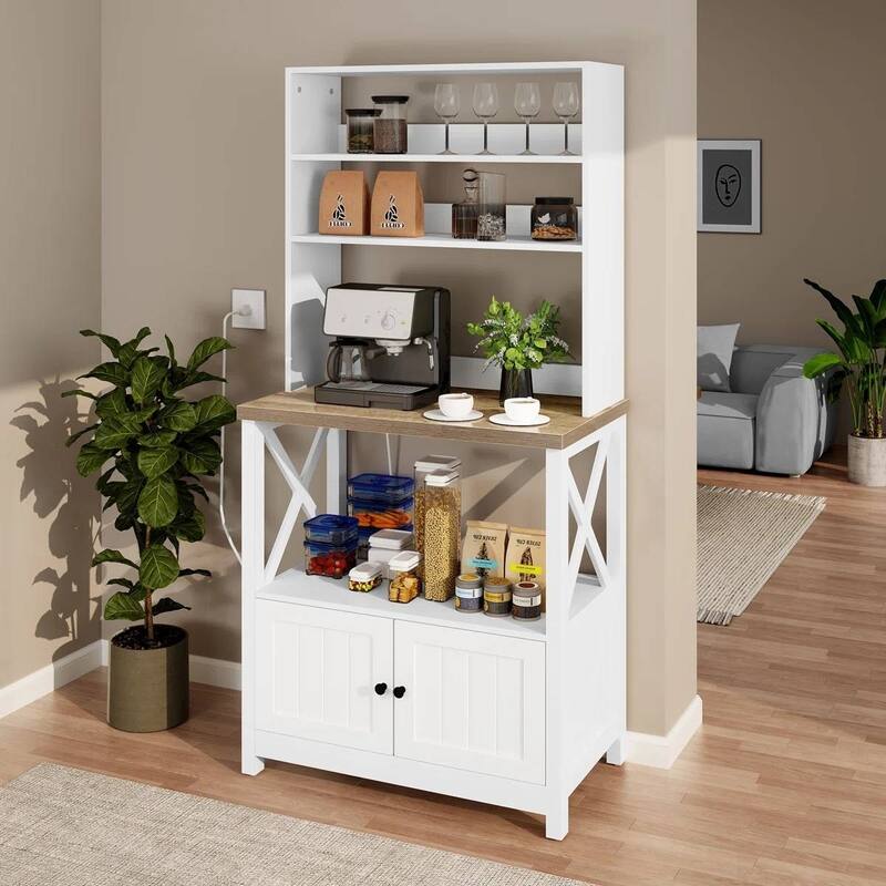 White Wooden Kitchen Storage Rack with Wine Bottle Holder and Glass Storage Microwave Stand - 63'' H x 31.4'' W x 15.7'' D