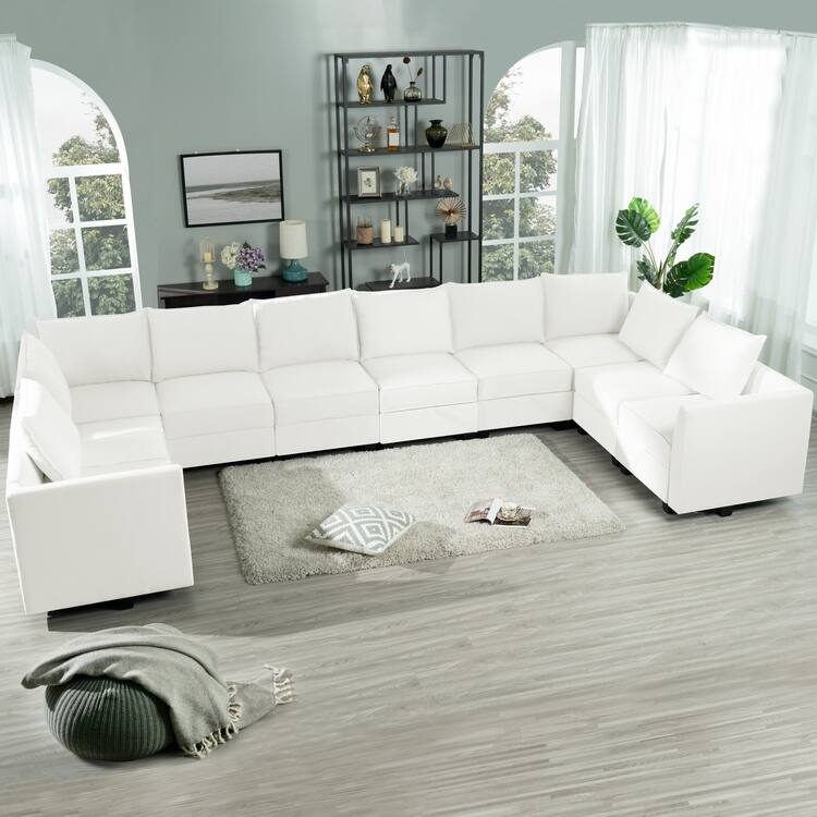 Modern Modular DIY Collection - Sturdy Wooden Frame - Versatile & Stylish Furniture for Living Room Bedroom - 10-Seater Sofa,White Down,Linen