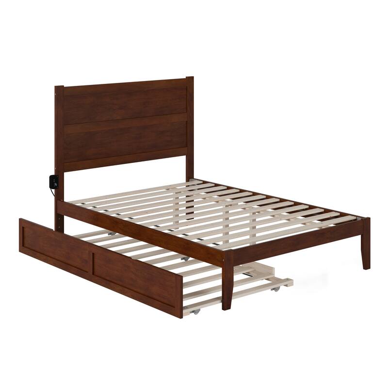 Full Size Bed With Trundle - Walnut Platform Bed Frame - Modern Romantic Style - HomeStock