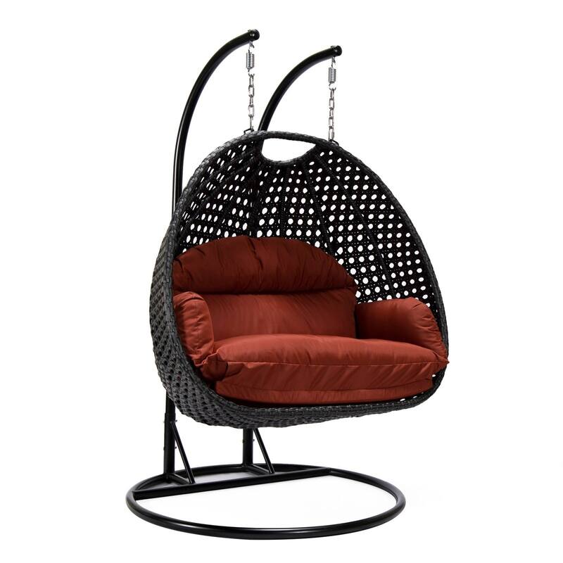 Patio 2-Person Hanging Egg Swing Chair Charcoal Wicker and Iron Frame Breathable Removable Cushion Covers by LeisureMod - Cherry