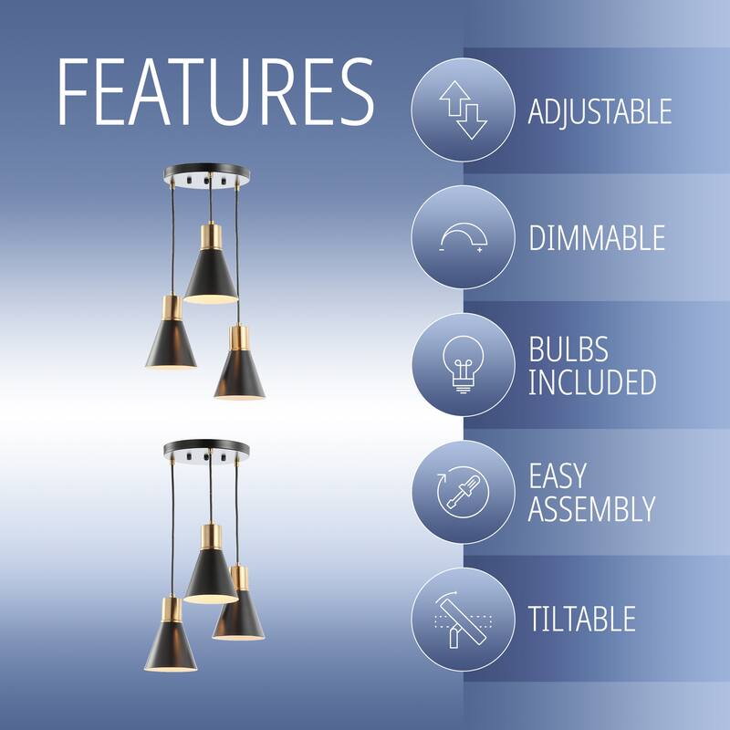 Eldora 15" 3-Light Metal Cluster LED Pendant, Black/Brass Gold by JONATHAN Y